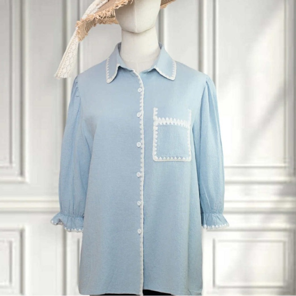 Light Blue Cotton  Embroidered Blouse Sz M